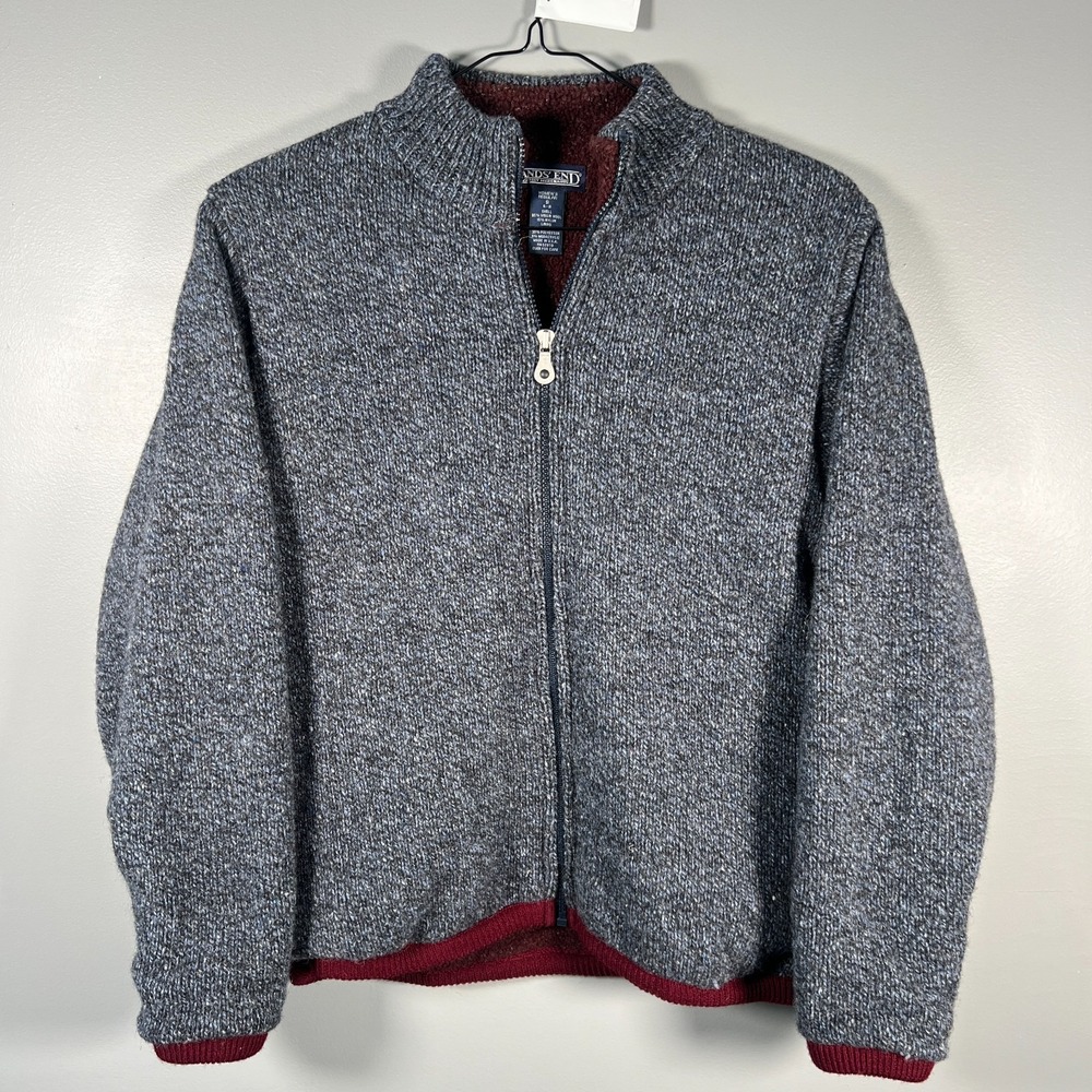 Vintage Lands End Sweater Womens Small Gray Full Zip Cardigan Wool Fleece Lined